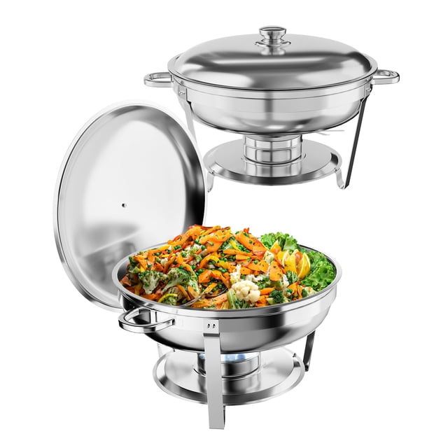 QinaQin Chafing dish redondo de 5 QT para buffet, juego calentador de alimentos con soporte para tapa, cuchara y pinza, ideal para bodas, fiestas y servicio de banquetes