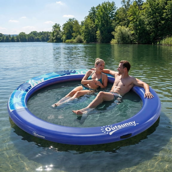 Outsunny 8FT Inflatable Water Hammock, Round Floating Ring, Inflatable Floating Dock Platform with Mesh for for Lakes, Pools, Oceans, Blue