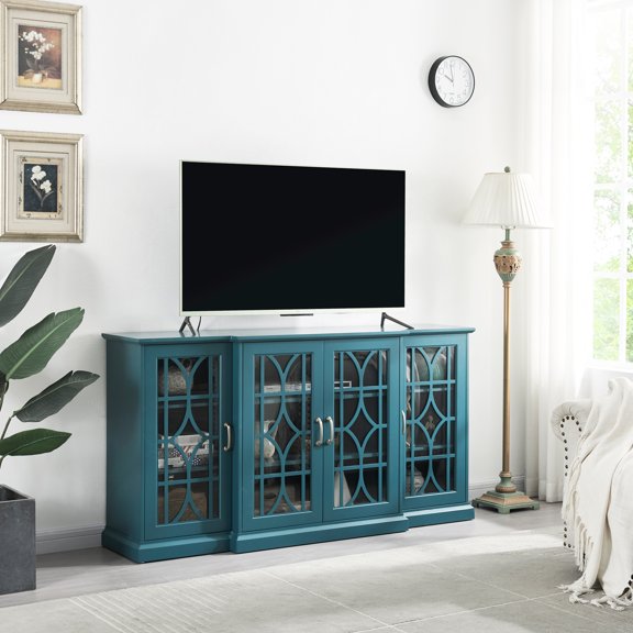 Teal Blue Sideboard Buffet - , 4 Doors, 6 Adjustable Shelves, Clean And Hygienic Surface 63" Tv Stand & Cabinet In Ample Storage With Doors Smooth Painted Surface, Exquisite Hardware