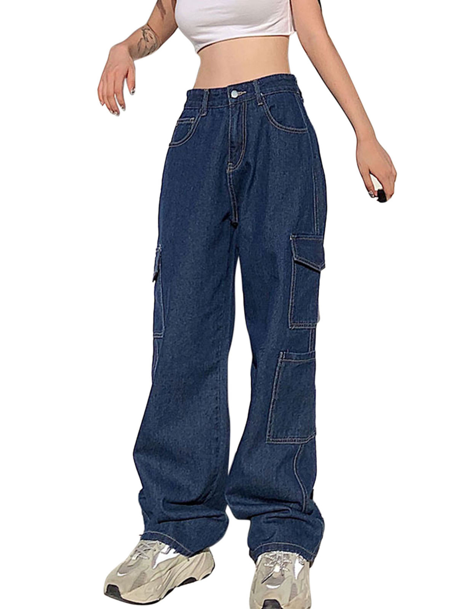 Kiapeise Women Casual Cargo Jeans High 