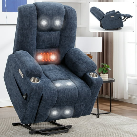 Large Power Lift Recliner Chair with Massage and Heat for Elderly,Chenille Overstuffed Wide Recliners with USB and Type C Ports, 2 Steel Cup Holders,Blue