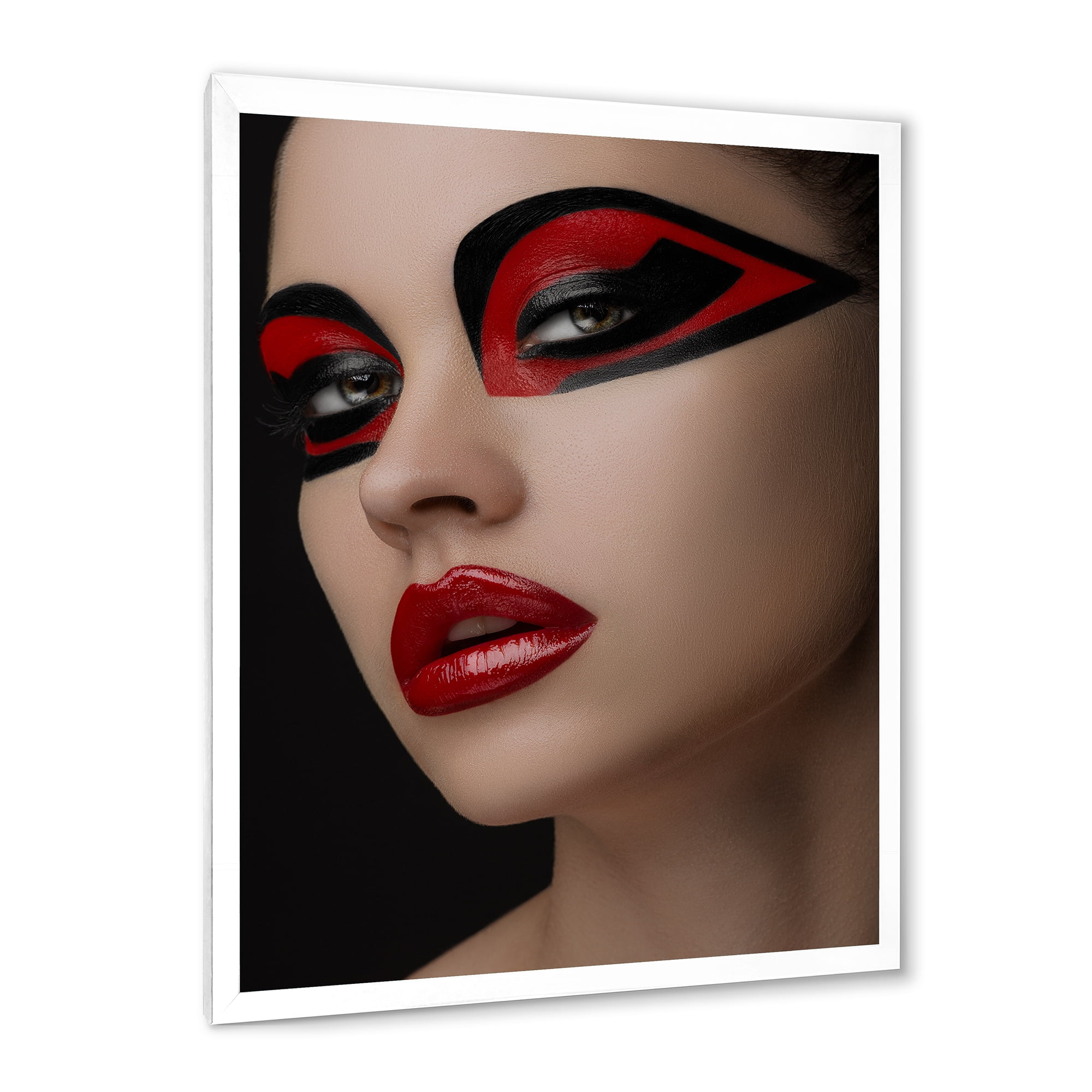 Designart 'Red Lips Black Makeup On The Eyes of Mask Girl' Modern Framed Art Print