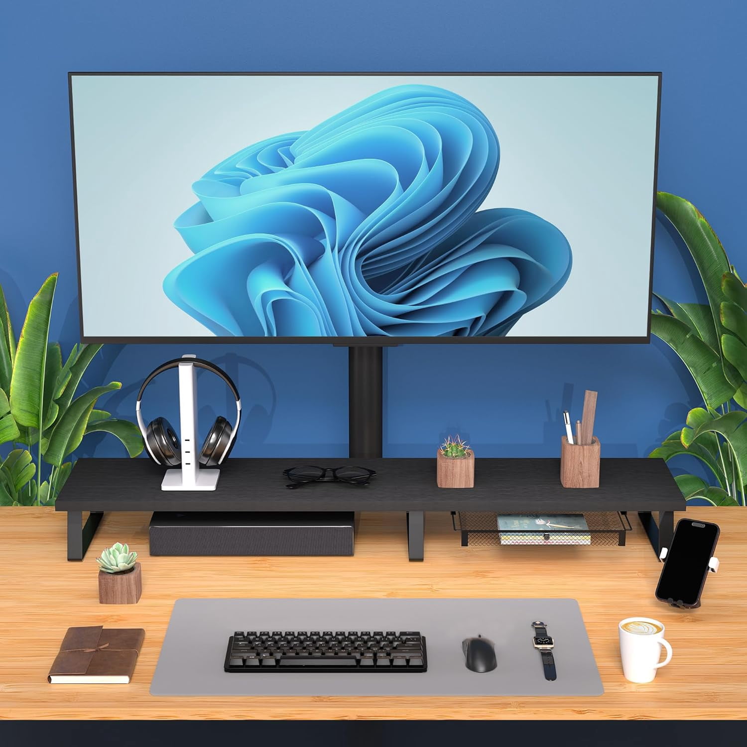 Wood Dual Monitor Stand Riser with Metal Legs and Drawer - Large Computer Desk Organizer for 2 Monitors, Laptop, Printer, TV - Black
