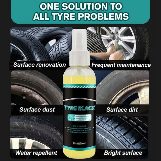 Spray Blanqueador de Neumáticos 100 ml - retrasa el envejecimiento, brilla y ennegrece la goma, elimina manchas, pule las llantes, recubre protección contra rayos UV e incluye aplicador de esponja