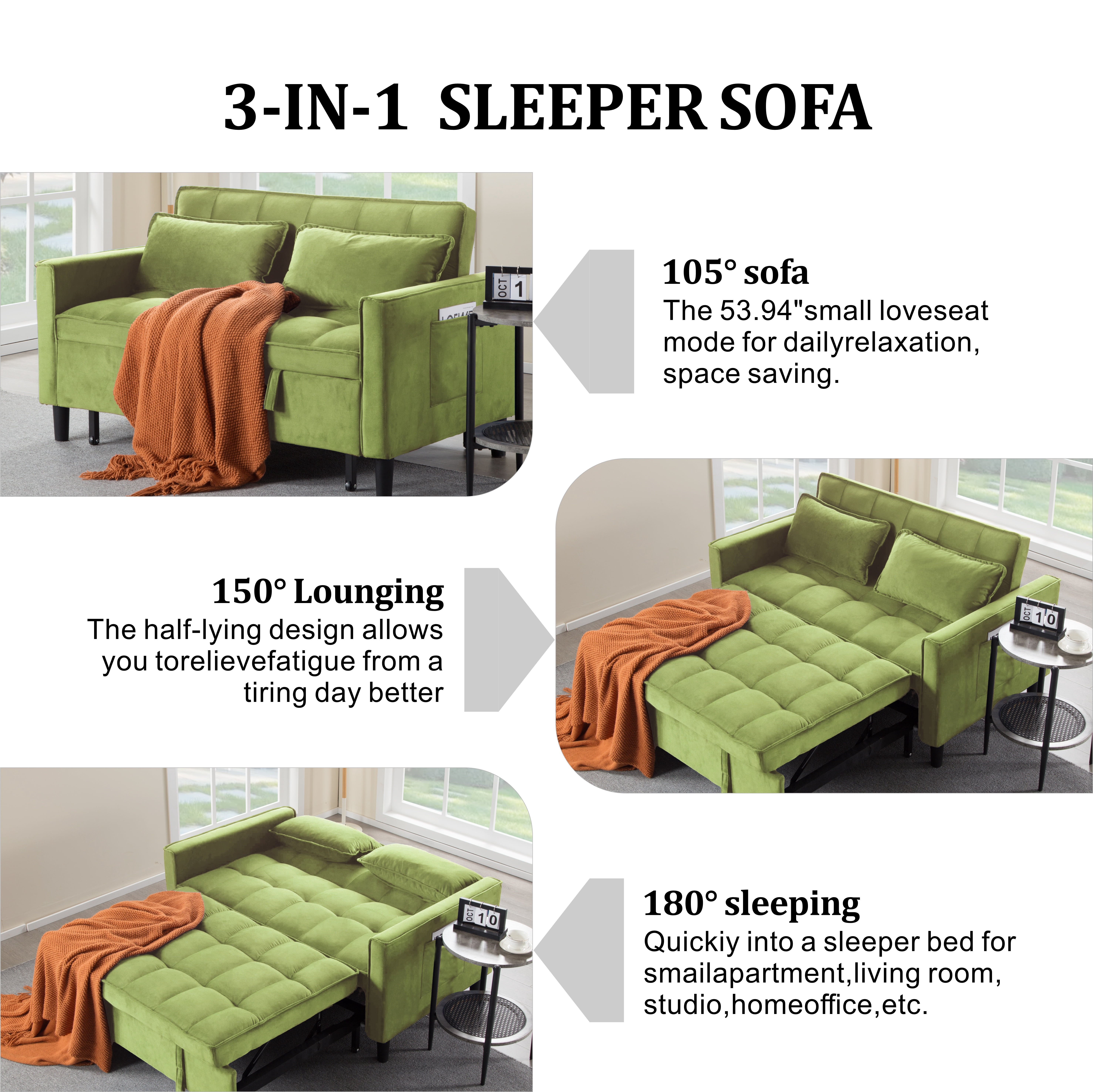 Gewnee 53.94" Pull-Out Sofa Bed – Convertible Twin Size Sleeper Bed,3 Adjustable Backrest Angles & Storage Side Pocket for Living Room,Office,Guest Room.Olive Green