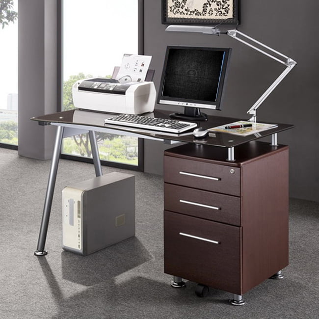 Deluxe Tempered Glass Top Ergonomic Computer Desk With Side