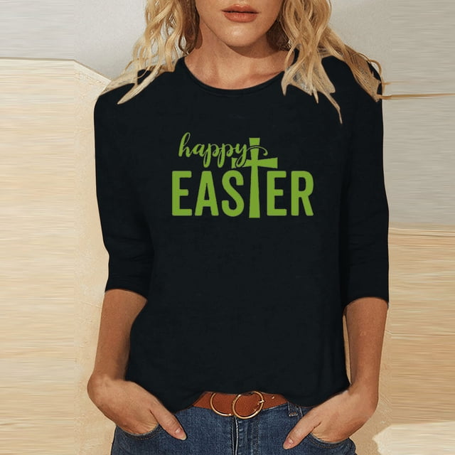 Daisyyozoid Chemise de Pâques pour Femmes Mode Décontractée de Noël Imprimée Col Rond Blouse Manches 3/4