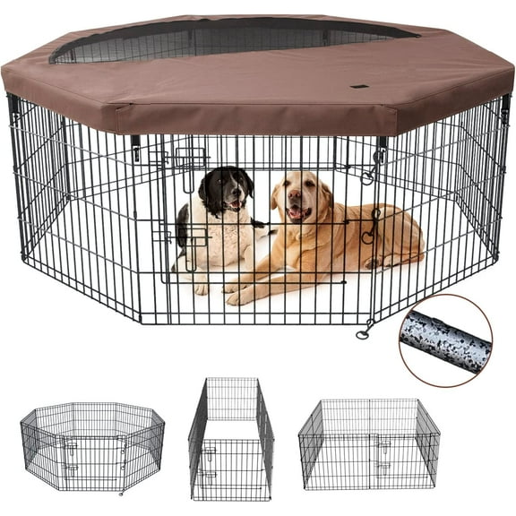 Foldable Metal Dog Exercise Playpen Gate Fence Dog Crate 8 Panels 24 Inch Height Puppy Kennels with Top Cover/Bottom Pad for Animals Outdoor Indoor (Brown, 24" H, Playpen Bottom Pad)