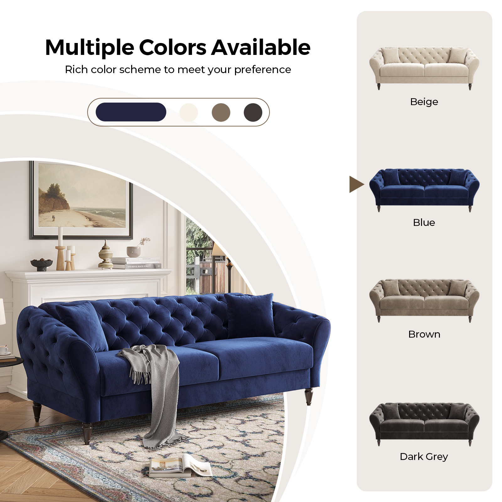 COPIAE 82 Inch Chesterfield loveseat Sofa,Tuxedo Arms Modern Couch Sturdy and Easy Installation, Small Sofa for Living Room Bedroom Office and Apartment,Velvet Fabric Blue