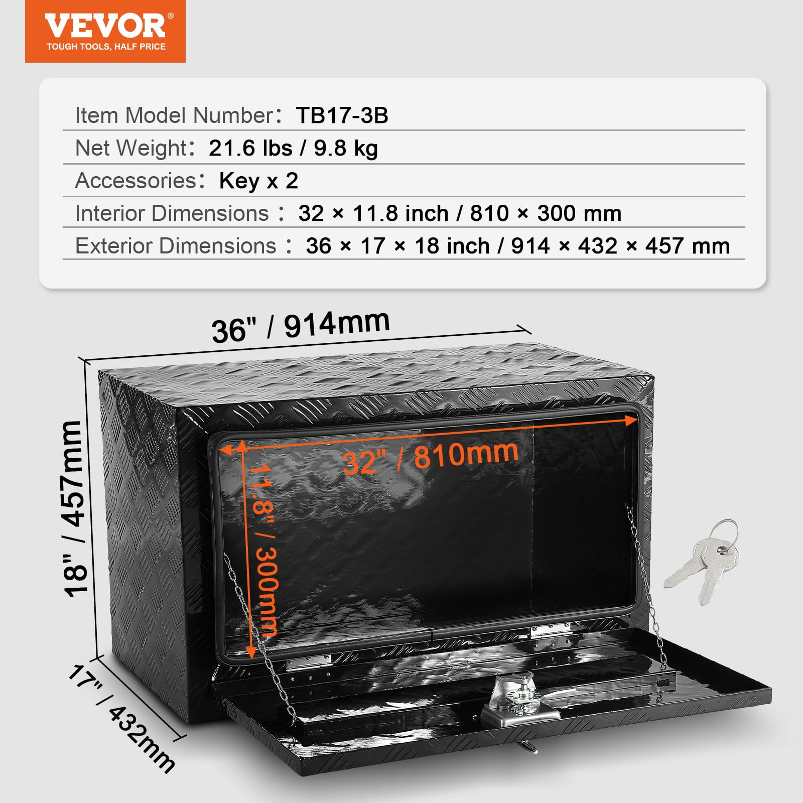 VEVOR Underbody Truck Box, 36" x 17" x 18" Pickup Storage Box, Heavy Duty Aluminum Diamond Plate Tool Box with Lock and Keys, Waterproof Trailer Storage Box with T-Handle Latch for Truck, Van,Trailer