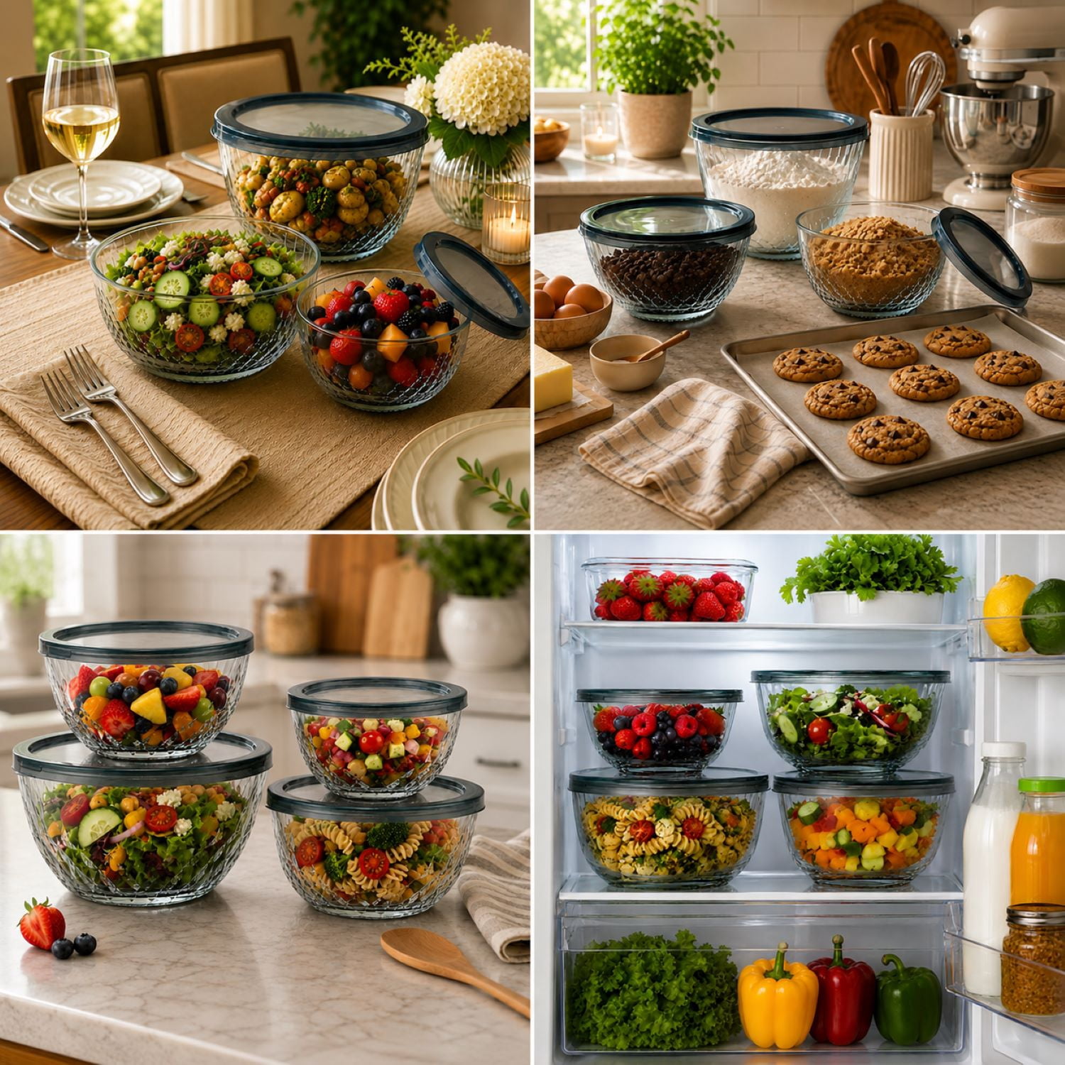 Sorbus 4-Piece Diamond Textured Glass Mixing Bowl Set with Lids, Assorted Sizes, BPA-Free