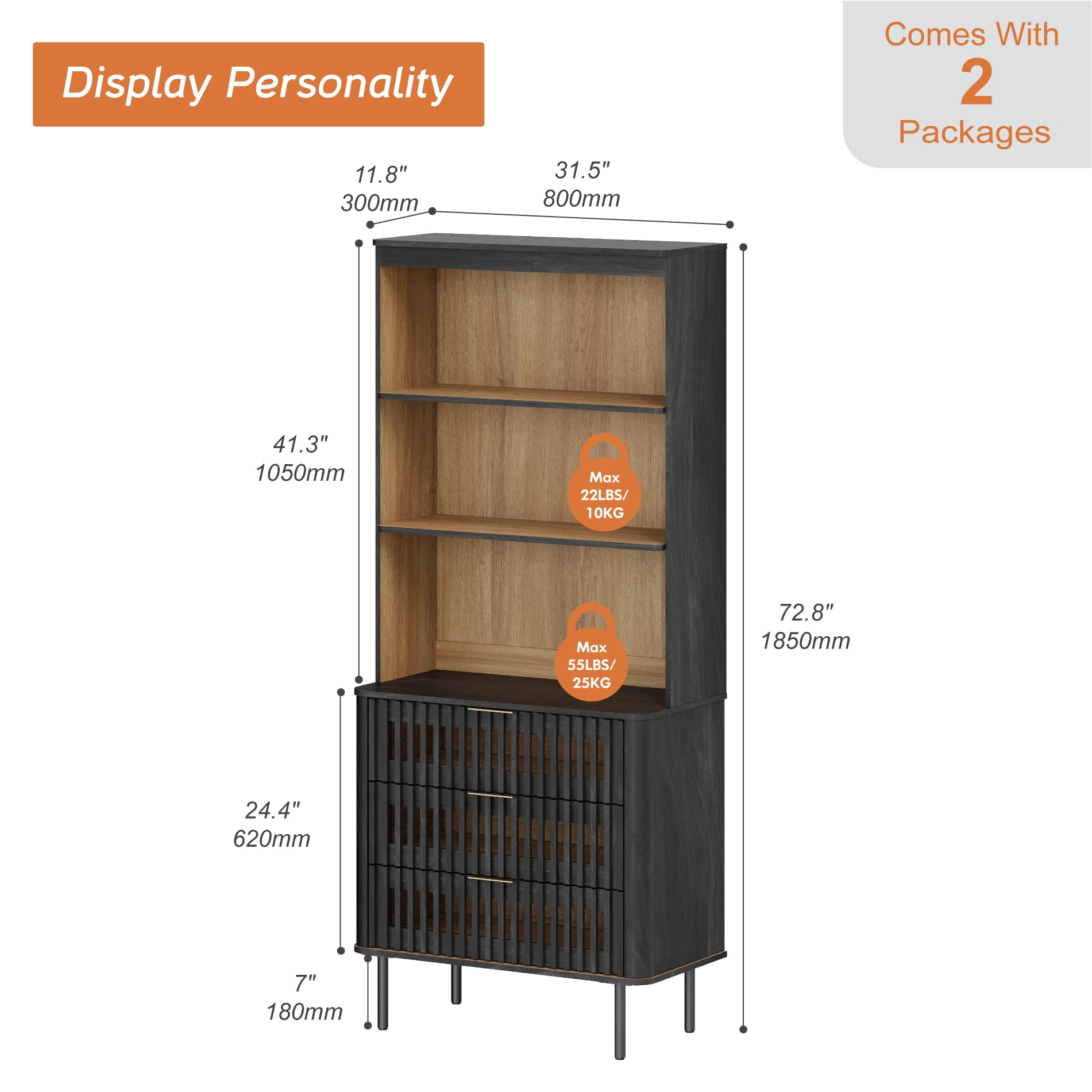 WAMPAT 72.8" Tall 3-Tier Bookshelf with 3 Large Drawers, Modern Bookcase with Storage, Adjustable Shelves, Wood Storage Cabinet, Black