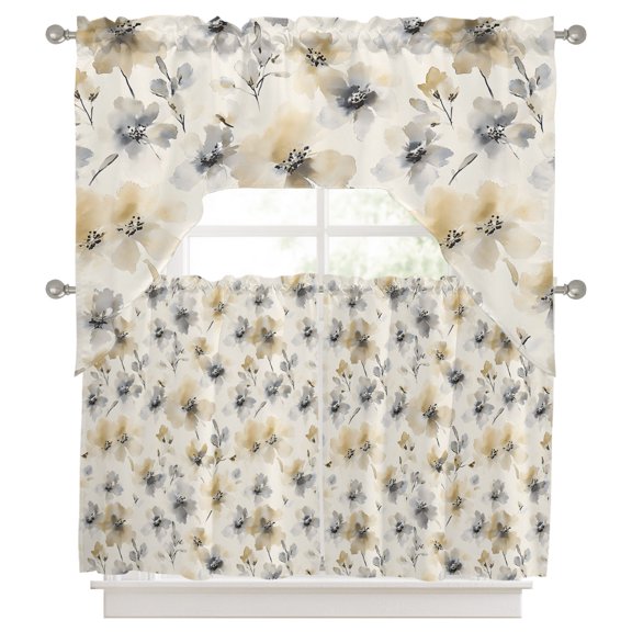 Gray Beige Floral Curtains Swag and Tiers Curtains Set, Spring Modern Botanical Flowers Blossom Valances with Kitchen Tier Curtain 36 Inches Long, Swag Light Filtering Curtains for Sink/Laundry Room