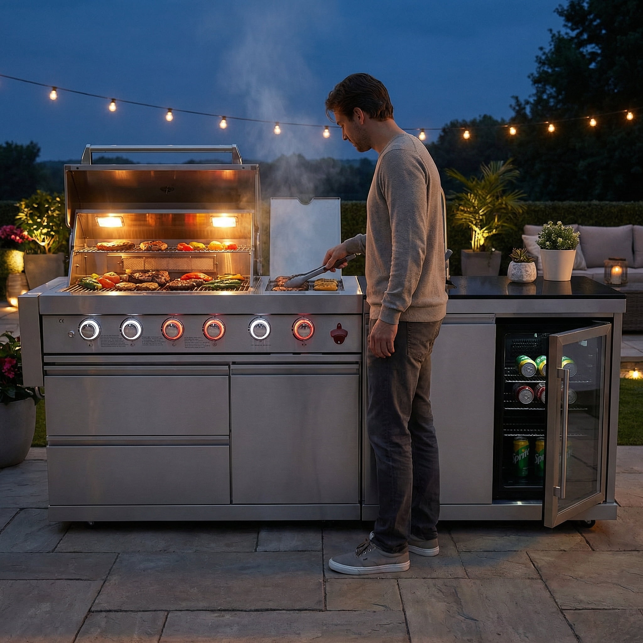 Outdoor Kitchen Sink & Fridge Combo, 70L Stainless Steel Refrigerator with Pull-Down Faucet, Black Granite Countertop, Modular BBQ Island Cleaning Station