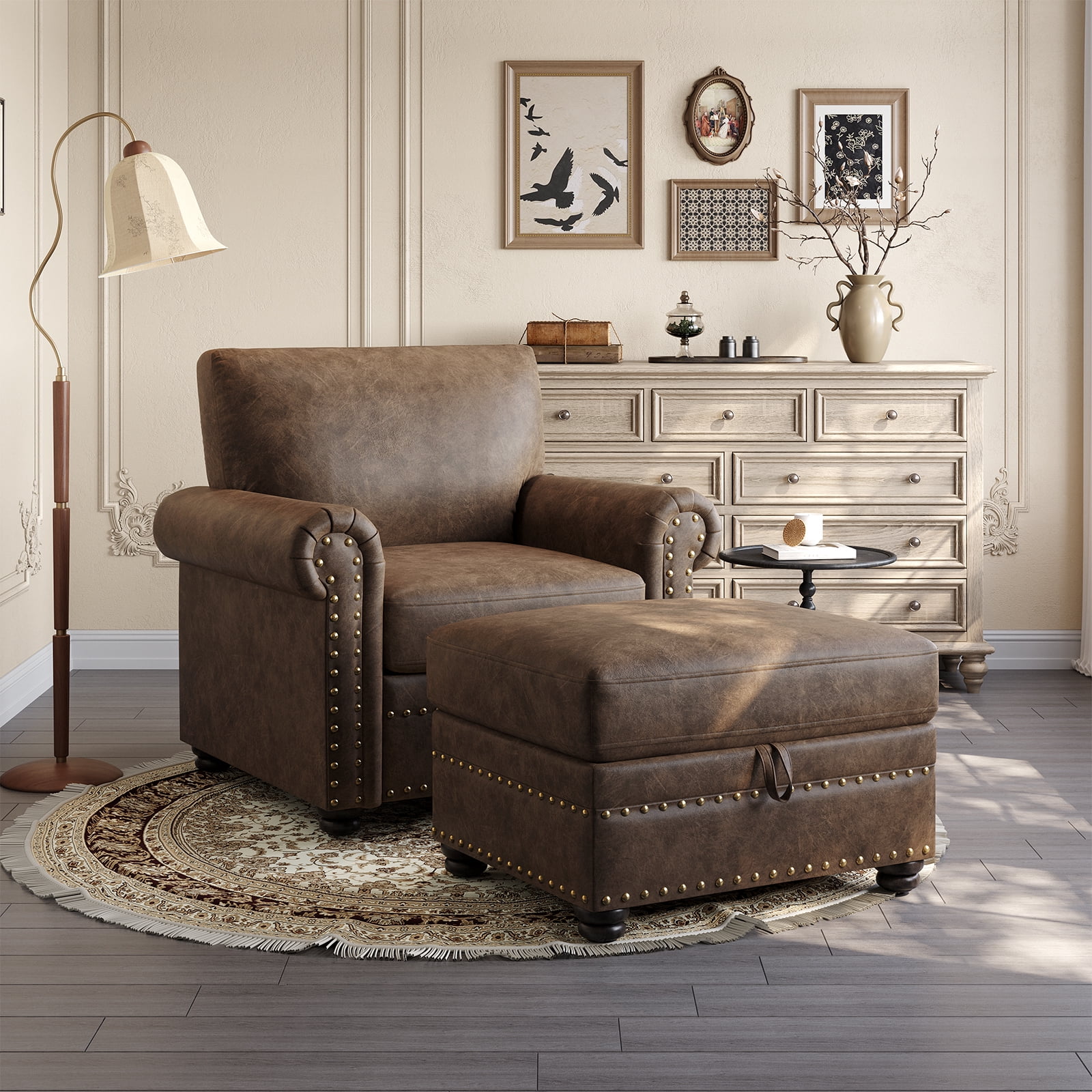 Faux Leather Ottoman with Storage, Nailhead Footrest Stool for Living Room, Brown