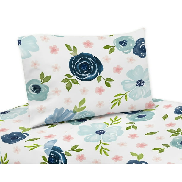 Blue and Pink Floral Twin Sheet Set 3 piece set Blush, Navy, Green