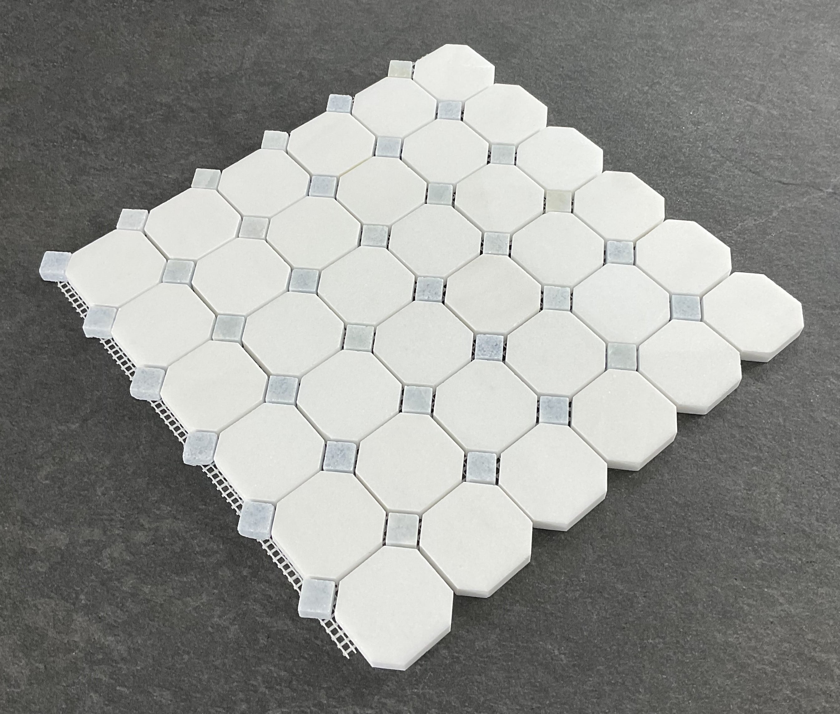 10-Pieces of Thassos White Octagon and Blue Celeste Dot Marble Mosaic Tile