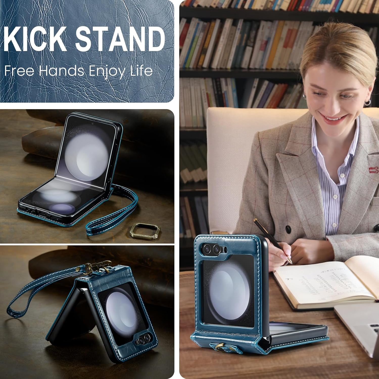 Phone Case for Samsung Galaxy Z Flip 5 5G 2023 with Lanyard Wrist Strap Thin Slim PU Leather Shockproof Hard Shell Protective Cell Cover ZFlip5 Z5 G Flip5 5Z Women Girls Blue