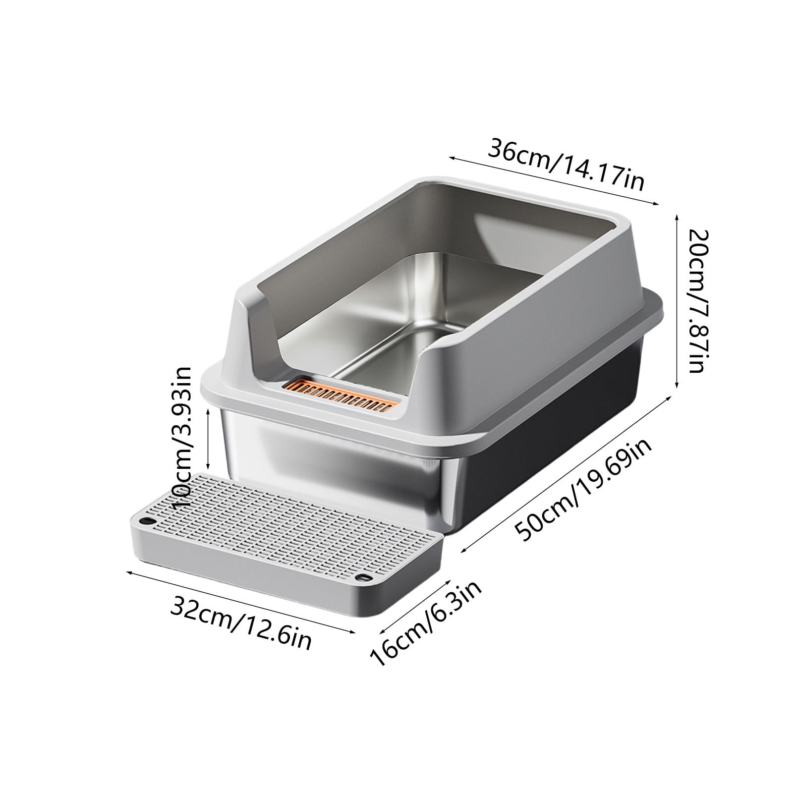 Stainless Steel High Sided Litter Box, Large Open Top Cat Litter Pan with Step Platform, Odor Resistant & Easy Clean, Non-Slip Kitty Tray with Scoop for Small & Large Cats