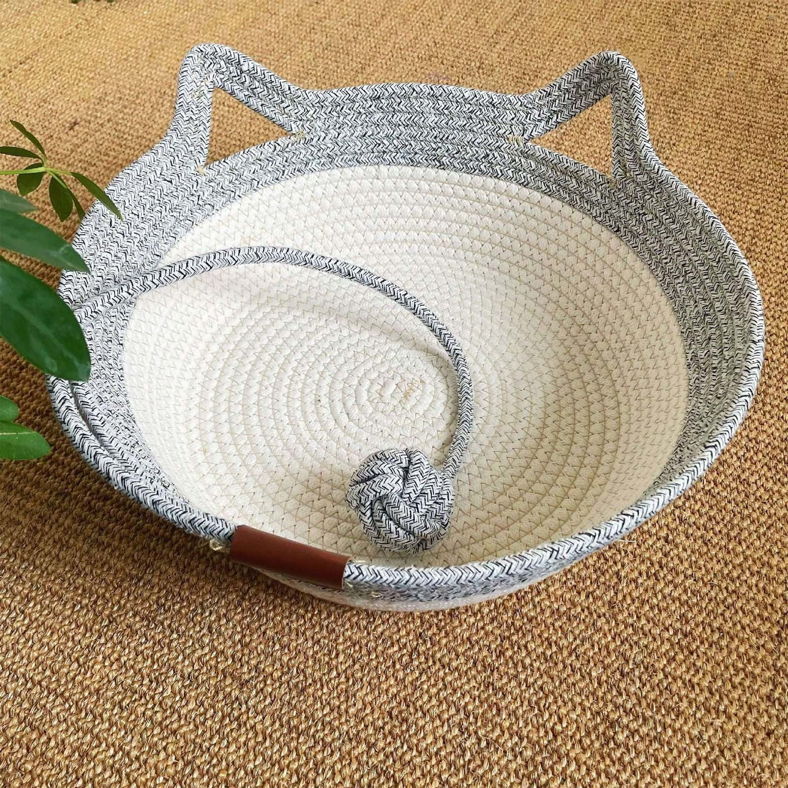 SPOORYYO Cat Basket, Pets Hand Woven Sleeping Bed Basket, Rope Round Cat Nest with Built-in Scratching Pad and Play Ball for Cats and Dogs All-Season