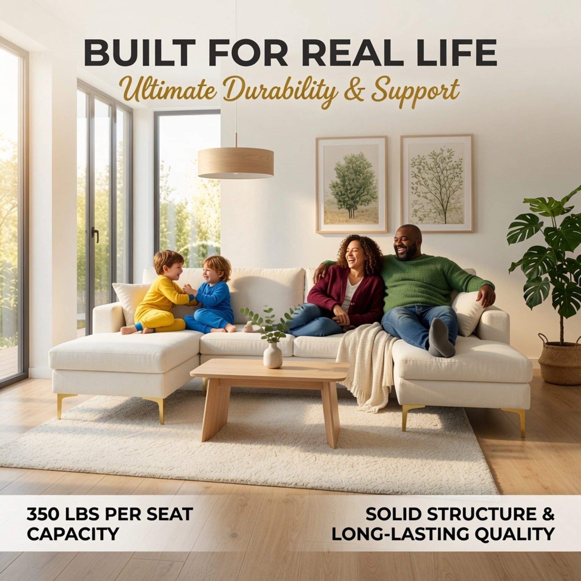 Howcool 99.5" U-Shaped Sectional Sofa with Double Chaise,4-Seater Couch with Gold Legs for Living Room,Cream White
