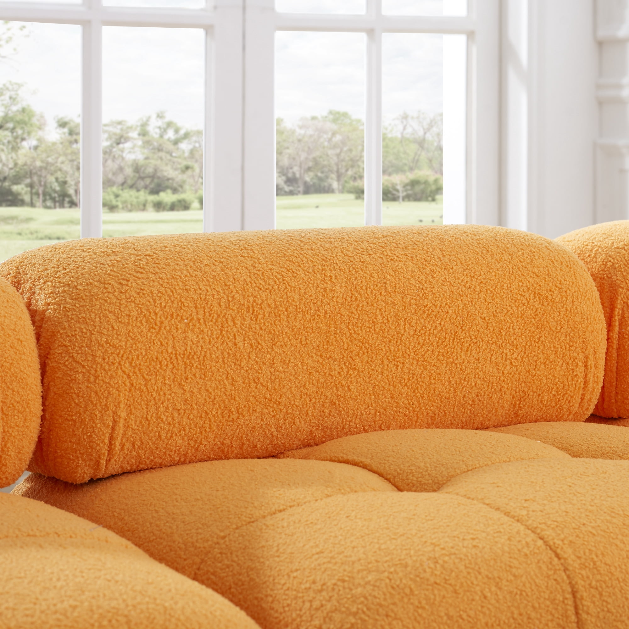 Aukfa 93" Sectional Sofa, Living Room Modular Couch with Ottoman, Pillow Top Arms, Teddy Fleece, Orange