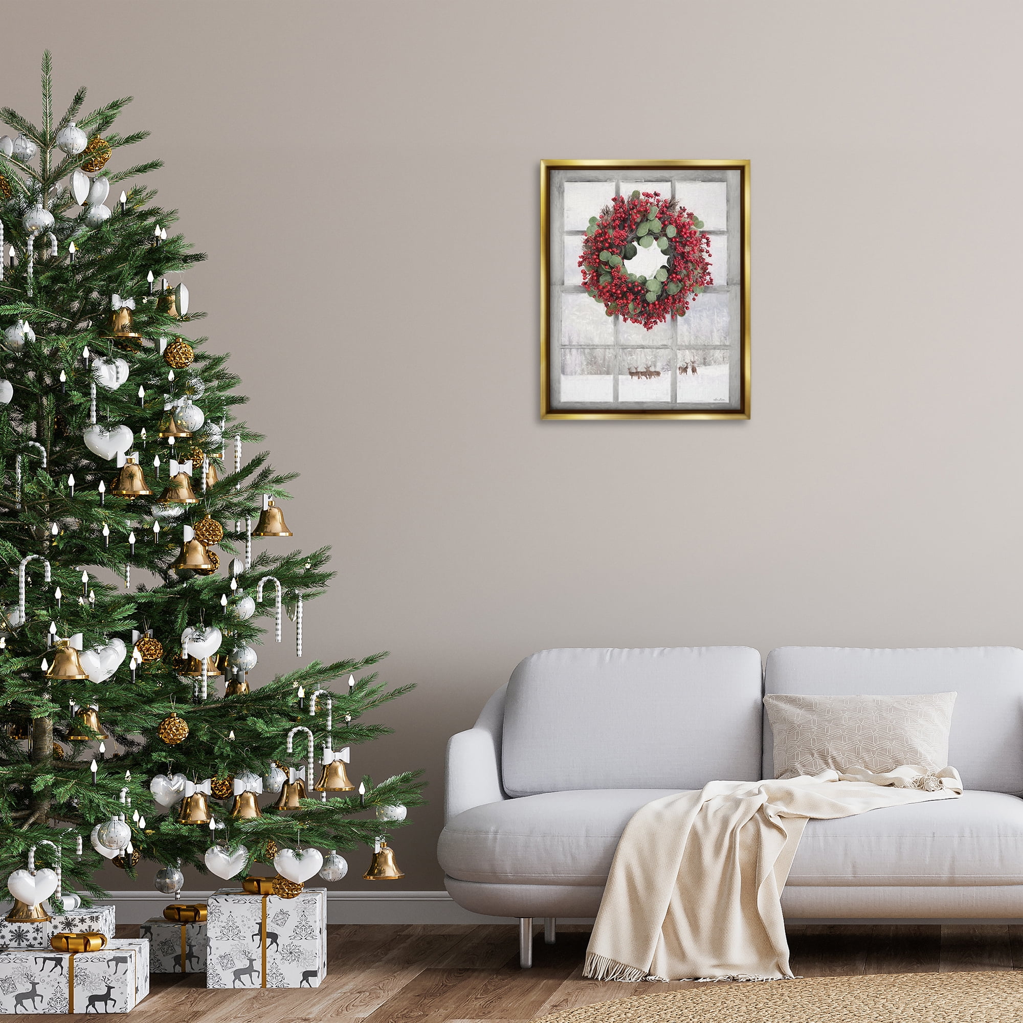 Stupell Industries Holly Wreath & Reindeer Holiday Painting Gold Floater Framed Art Print Wall Art, 25 x 31