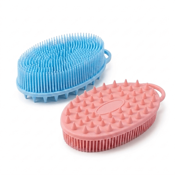 ROSEXIXI 2 Pack Silicone Loofah, Dual-Sided Bath Brush for Body and Scalp, Soft High-Density Bristles, Handheld Back Scrubber for Shower, Blue Pink