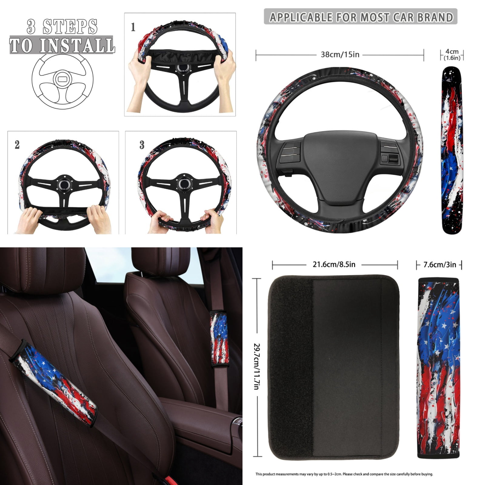 Yuyamidu American Flag Car Seat Covers Front Back Seat Cover Full Set Patriotic Car Steering Wheel Cover Safe Belt Pads Coasters Keychain 12 PCS