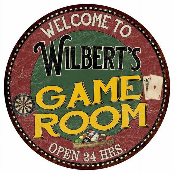 Wilbert's Game Room 12" Round Metal Sign Bar Kitchen Red Wall Décor 200120032452