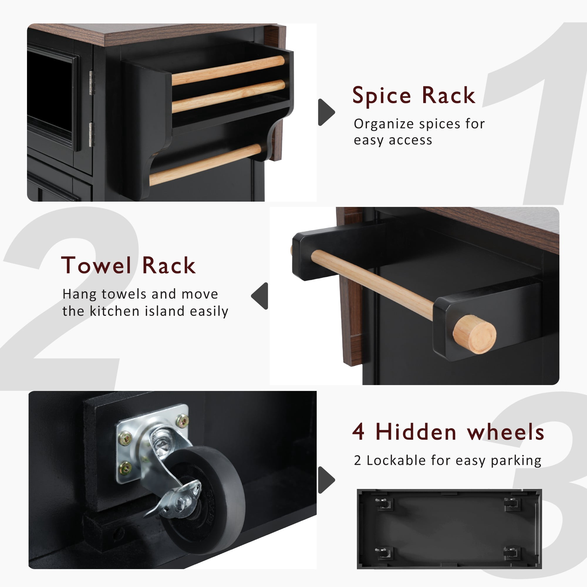 54.9" Kitchen Island on Wheels with Drop Leaf, Power Outlet, 4 Door Shelves, Cross Barn Doors & Visual Glass Door