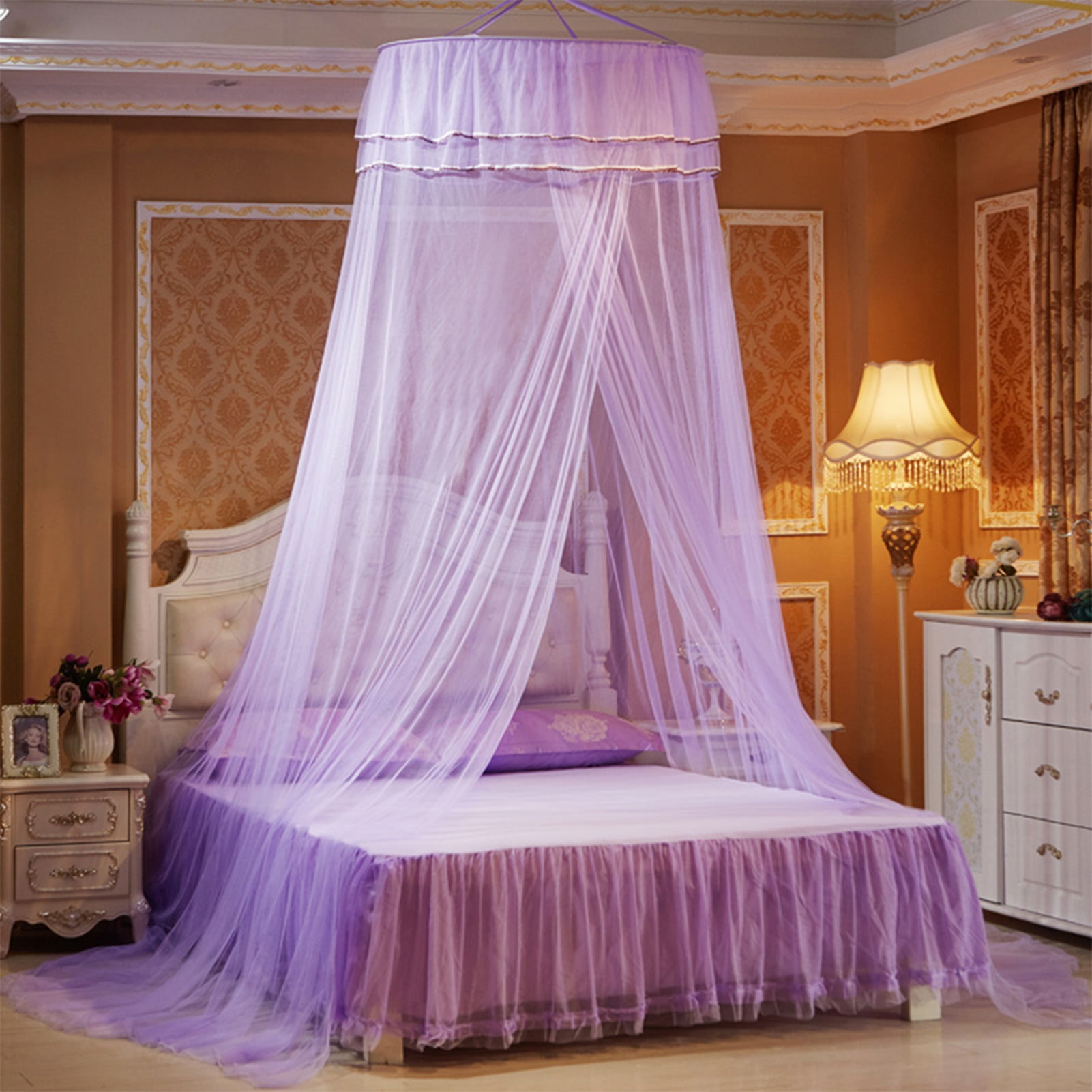 LAZIOEGR Luxurious Dome Bed Canopy Fine Mesh Single Entrance Bed Net for 47.2 to 70.8 inches / 1.2 to 1.8 m Bed Elegant Princess Style Bedroom Decoration Purple