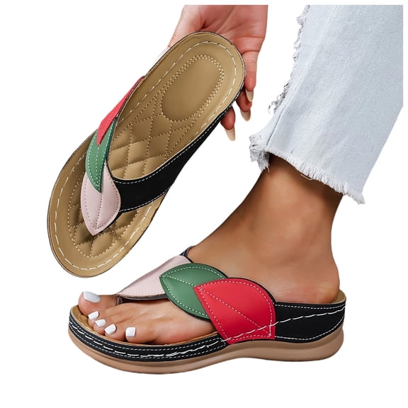 Rokment Women's Orthopedic Wedge Walking Flip Flops Boho Beach Vintage Casual Color Block Leather Arch Support Platform Chunky High Heel Dress Slippers Backless Sandals Black Size 6.5