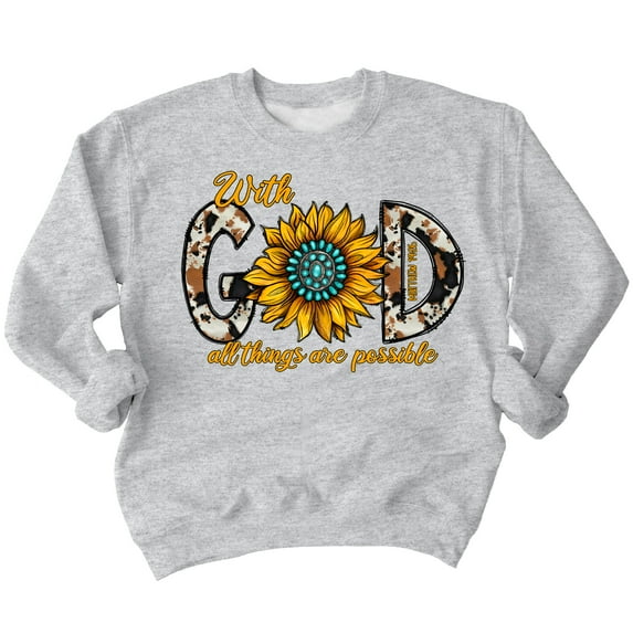 With God All Things Are Possible Easter Matthew 19:26 Christian Bible Verse Crewneck Sweatshirt, L, H. Grey