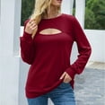 thumbnail image 2 of SMihono Clearance Lantern Sleeve Tunic T Shirt Blouse Womens Plus Size Solid Color Long Sleeve Crew Neck Keyhole Neck Solid Color Female Leisure Wine S, 2 of 9