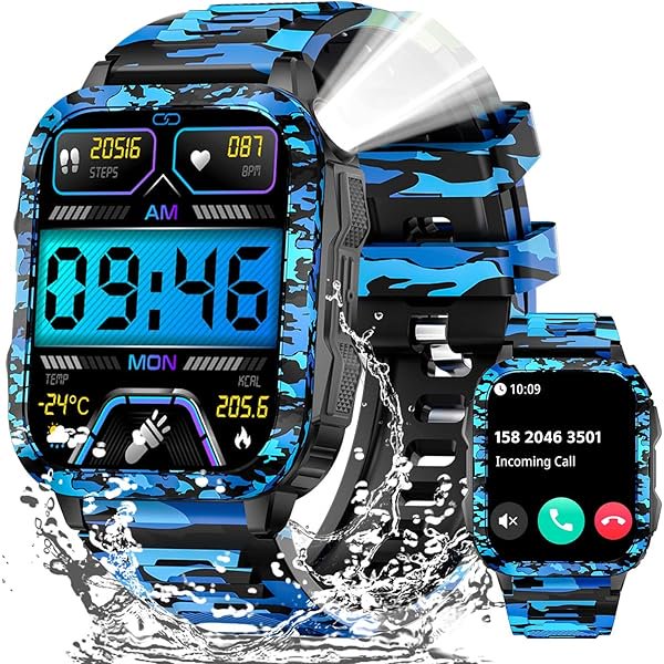 wonima44 Military Smart Watches for Men (Make/Answer Call) with LED Flashlight 1.96" Screen 430mAh Fitness Tracker with Sport Modes Heart Rate Sleep Monitor Rugged Smartwatch for iPhone Android