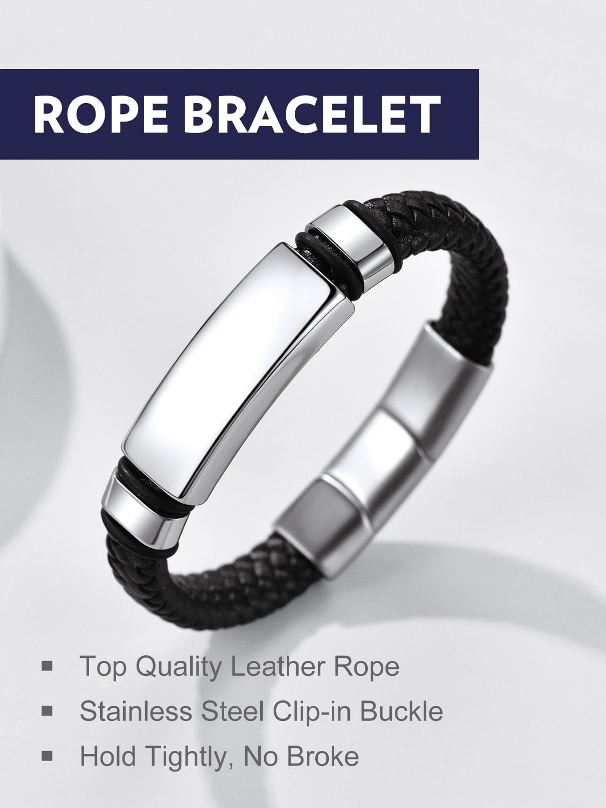Bandmax Men's ID Bar Cuff Bracelet Black Wax Rope Chunky Wristband Braided Bracelet with Adjustable Buckle Birthday Father Day Gift for Dad Son Husband Grandpa
