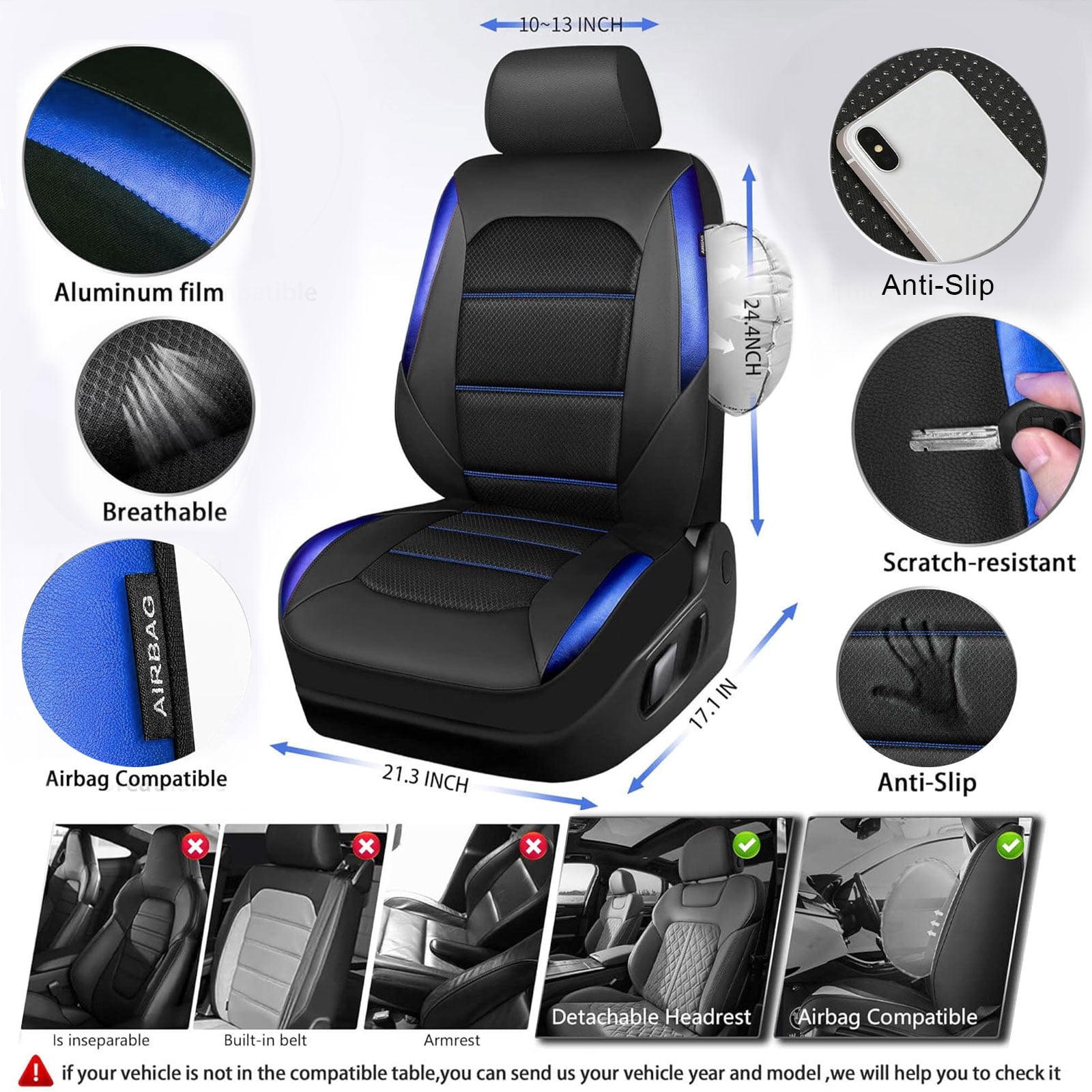 CAR GRAND Memory Foam Car Seat Covers, Leather Mesh Universal Fit Automotive Seat Protectors  Front Pair for Trucks SUV Sedan Metal Film Leather Armrest Airbag Compatible Comfortable  Black Blue