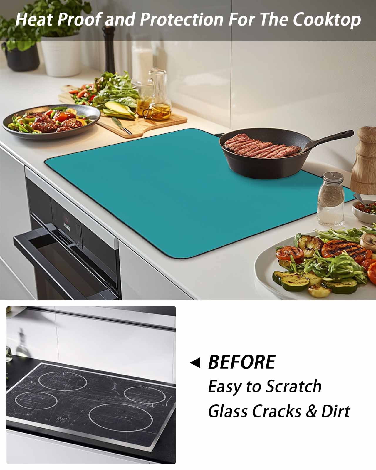 Stove Top Covers for Electric Stove, Teal Glass Stovetop Cover Protector, Turquoise Pure Teal Induction Cooktop Protector Oven Mat for Kitchen Countertop 36"x21"