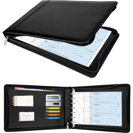 Zippered 7 Ring Business Checkbook Binder Portfolio for 3-on-a-Pa Checks, 600 Checks Capacity, PU Leather Check Book Cover 9x13 Sheets, Built-in Stora Orizer,
