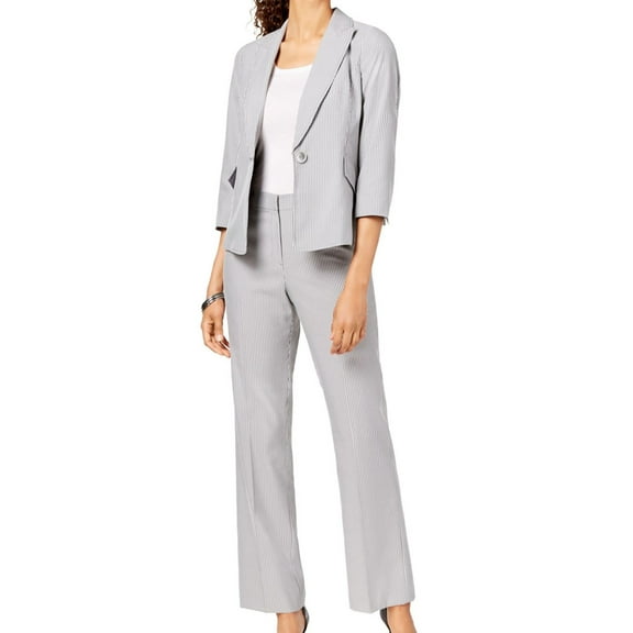Le Suit Womens Striped 3/4 Sleeve One Button Blazer Jacket, Grey, 8