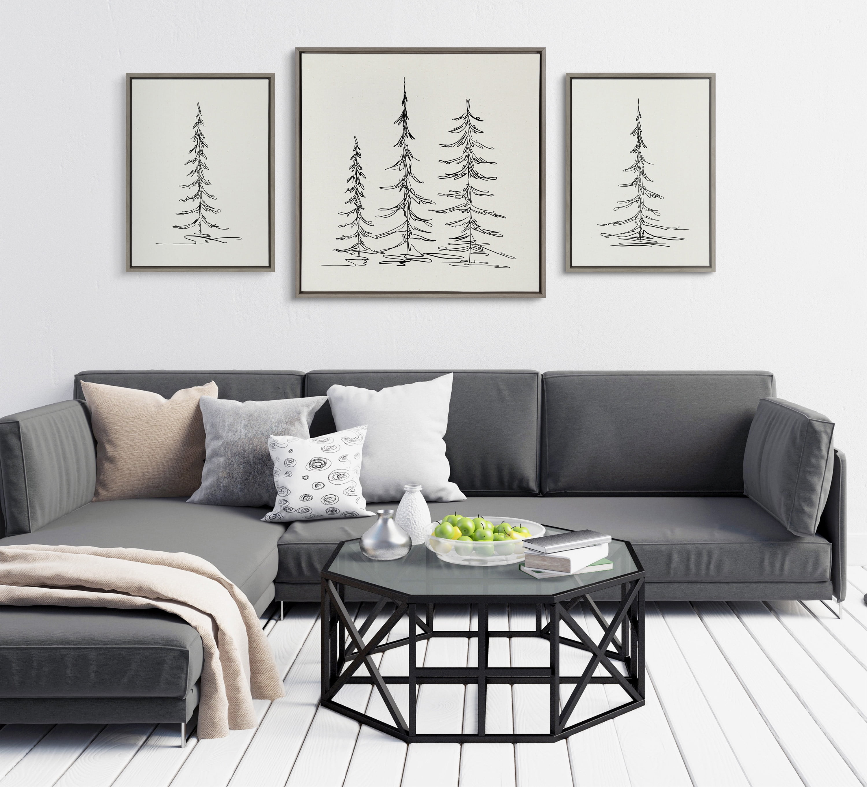Kate and Laurel Sylvie Minimalist Evergreen Trees Sketch Framed Canvas Wall Art by The Creative Bunch Studio, 30x30 Gray, Chic Modern Art for Wall
