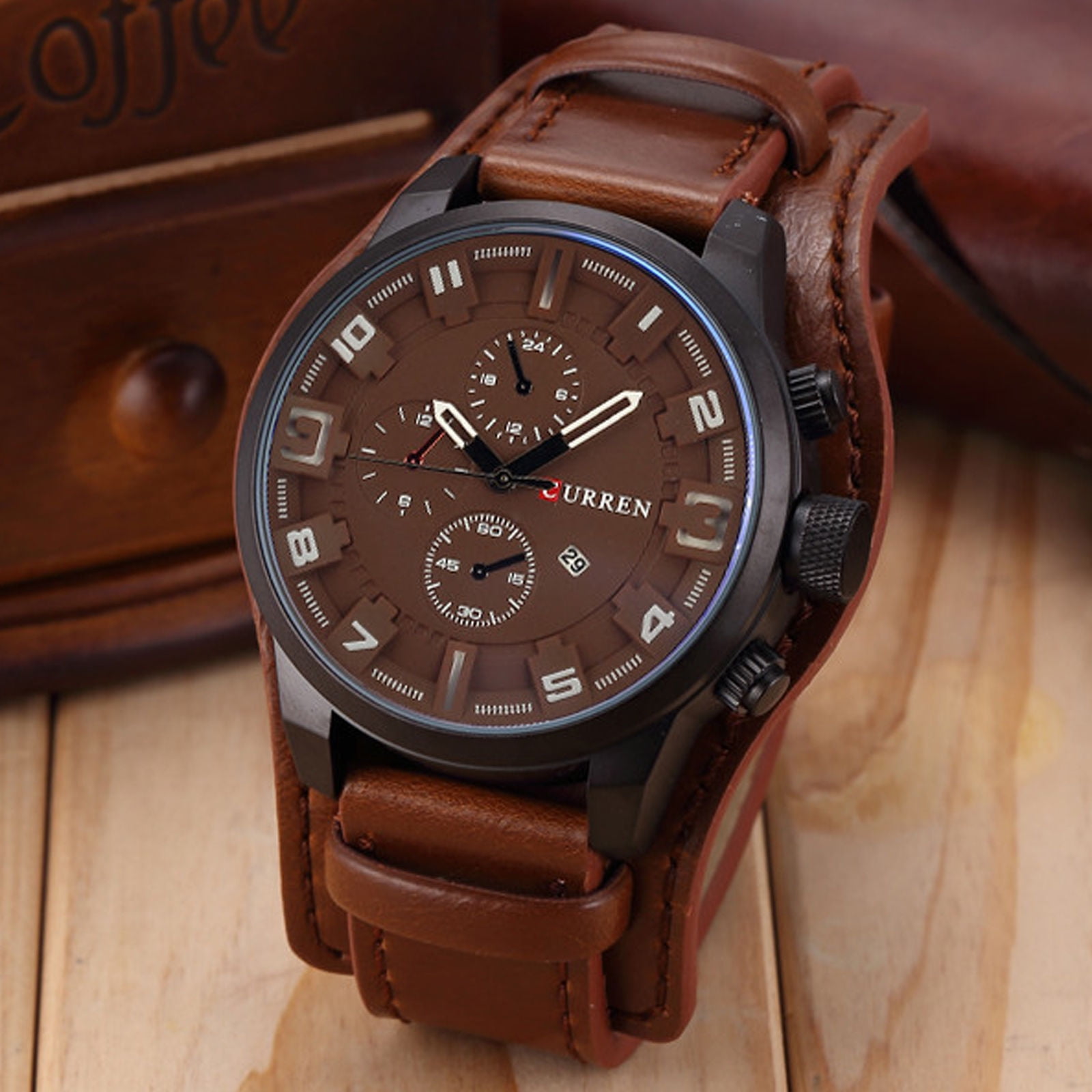 curren tan leather analog watch