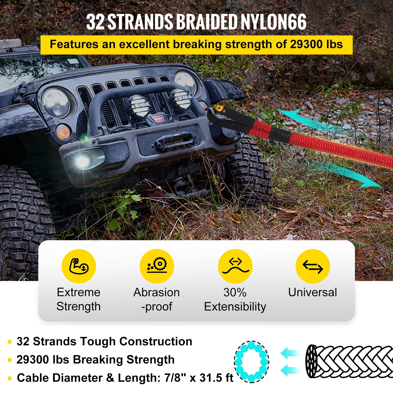 VEVOR 7/8" x 31.5' Recovery Tow Rope, 29,300 lbs, Heavy Duty Nylon Double Braided Kinetic Energy Rope w/ Loops and Protective Sleeves, for Truck Off-Road Vehicle ATV UTV, Carry Bag Included, Red