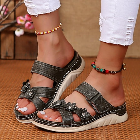 

〖Yilirongyumm〗 Army Green 37 Sandals Women Fashion Summer Women Sandals Wedge Heel Platform Cross Strap Open Toe Rhinestone Massage Insole Flower