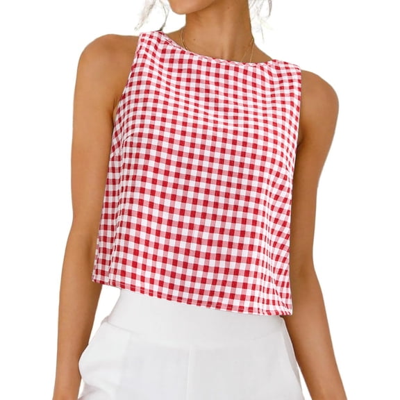 DARING DIVA Women's Gingham Summer Crop Tank Tops Button Back Sleeveless Shirts S Red