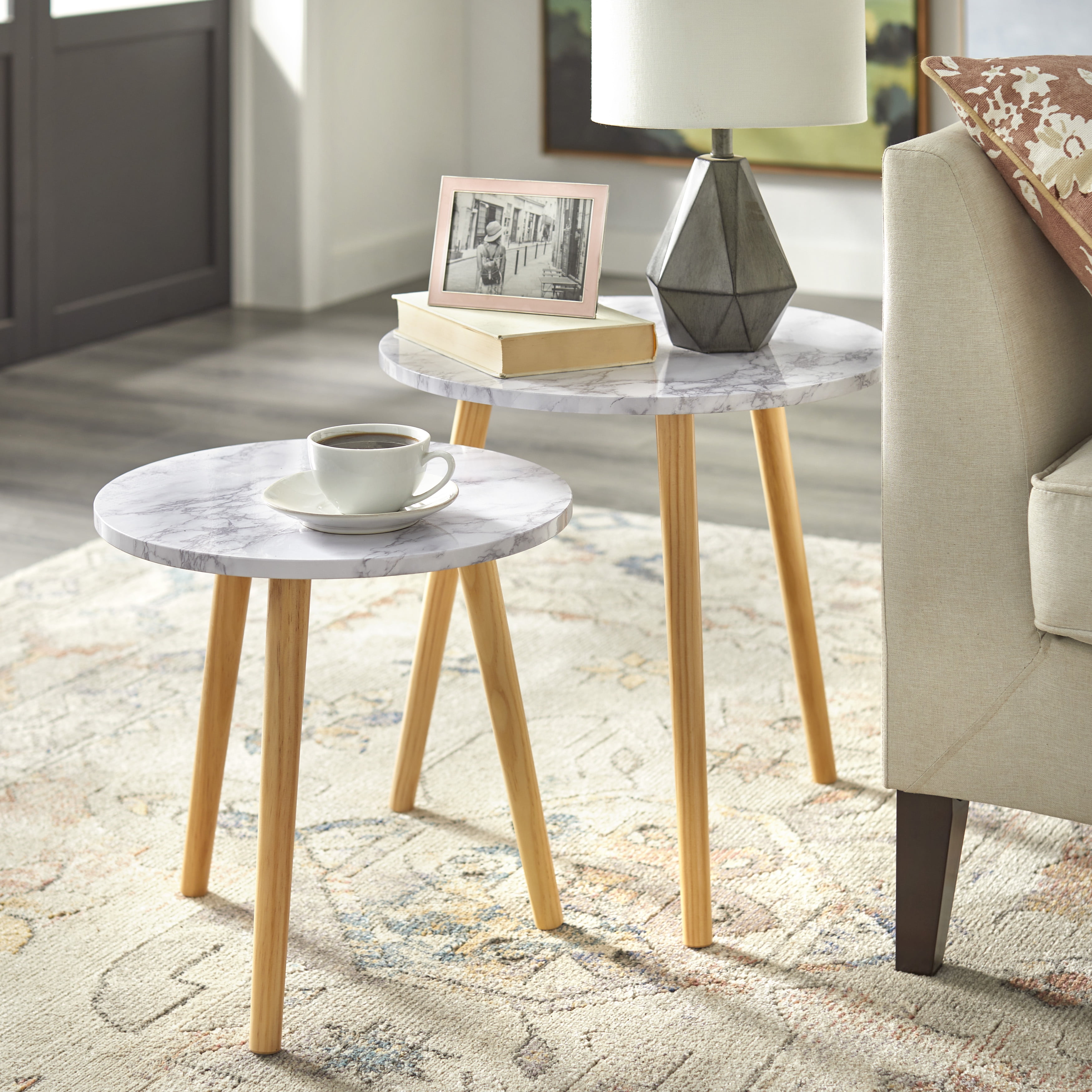 angelo isHome Darcy Modern Round Nesting End Tables, Set of 2, Natural/White Faux Marble