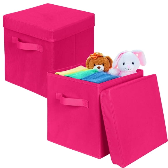 PinkSheep Collapsible Storage Bins with Lids, Stackable Fabric Cube Storage Organizer Basket Bin with Handles (10.5" x 10.5"), 2 Pack, Hotpink