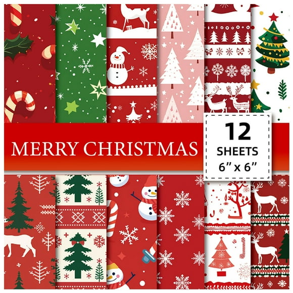 Christmas Sheets Full,12 Sheets Christmas Theme Scrap Paper 6 Inches One-Sided Xmas Scrapbooking Paper Set,Full Sheet Set,Full Sheet Sets