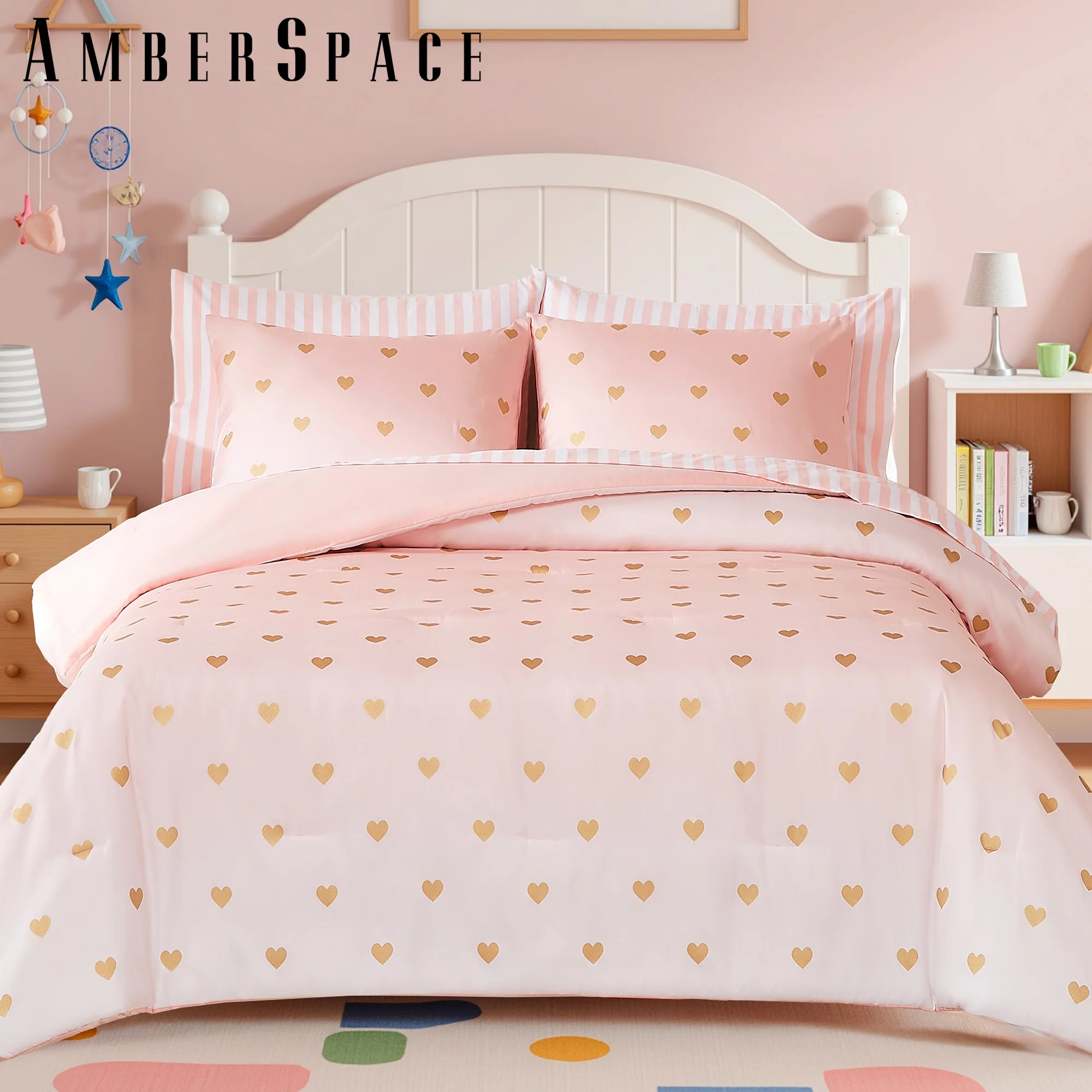 Amberspace gold foil Design 5-piece Bed in a Bag Comforter Set with Sheets,Pink Gold Heart,Twin